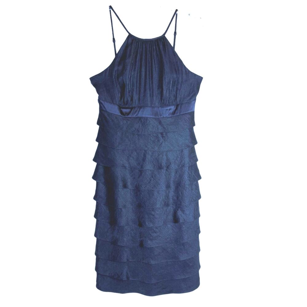 Adrianna Papell Y2K Minimalist Ruffle Dress Womens 6 Navy Blue Tiers Graduation